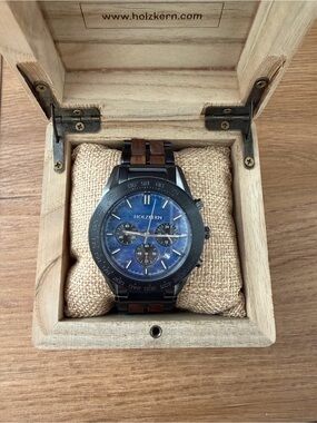 Holzkern Men's Blue Dial Chronograph Watch with Black & Brown Bracelet